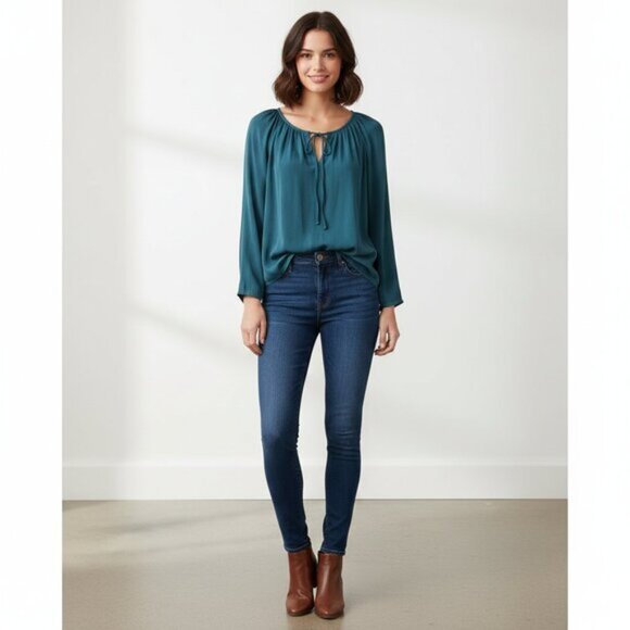 Aritzia Babaton Tie Front Blouse Forest Green Teal Scoop neck Size Drapey XXS - Picture 3 of 11